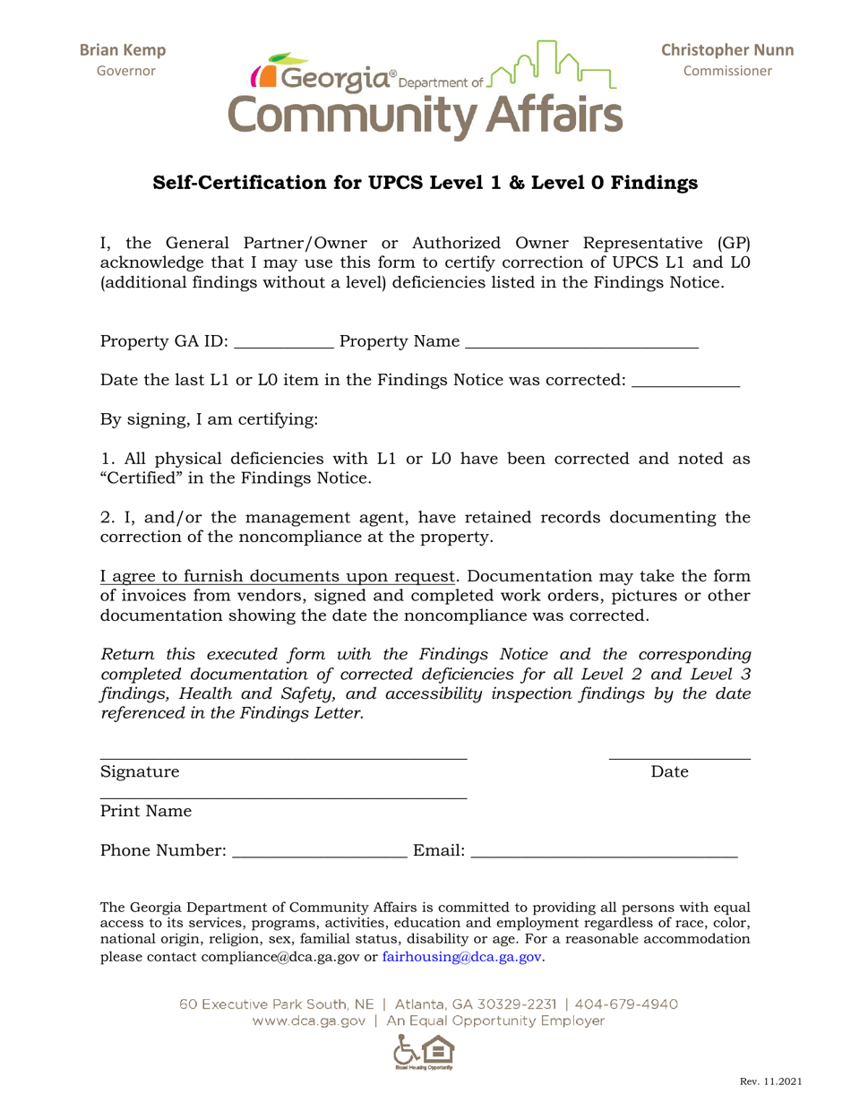 Self-certification for Upcs Level 1  Level 0 Findings - Georgia (United States), Page 1