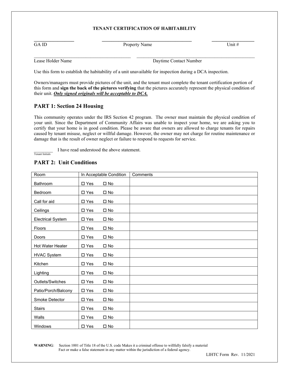 Tenant Certification of Habitability - Georgia (United States), Page 1