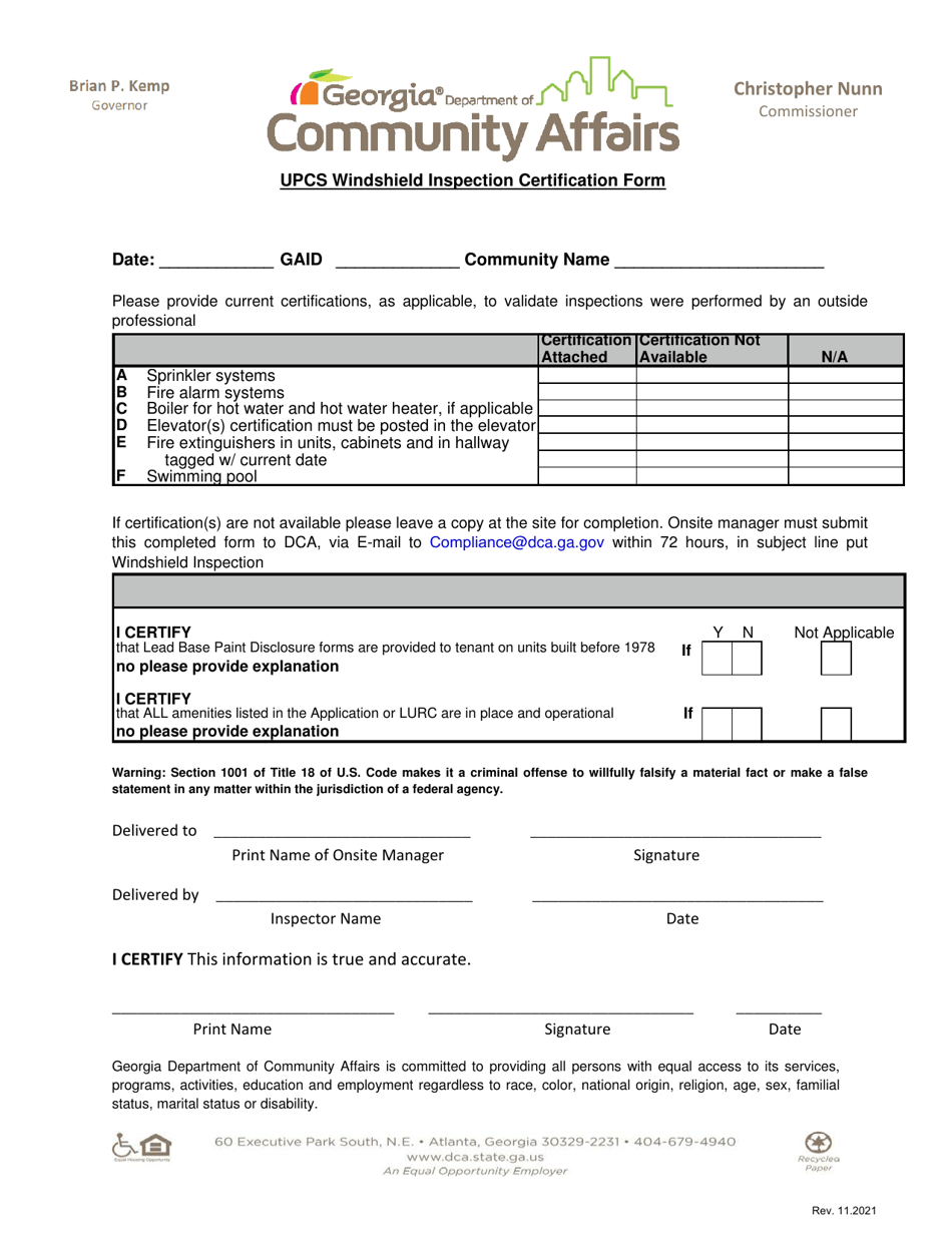 Upcs Windshield Inspection Certification Form - Georgia (United States), Page 1