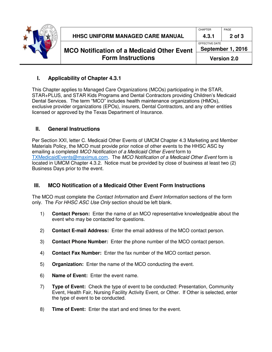 Instructions for Mco Notification of a Medicaid Other Event Form - Texas, Page 2