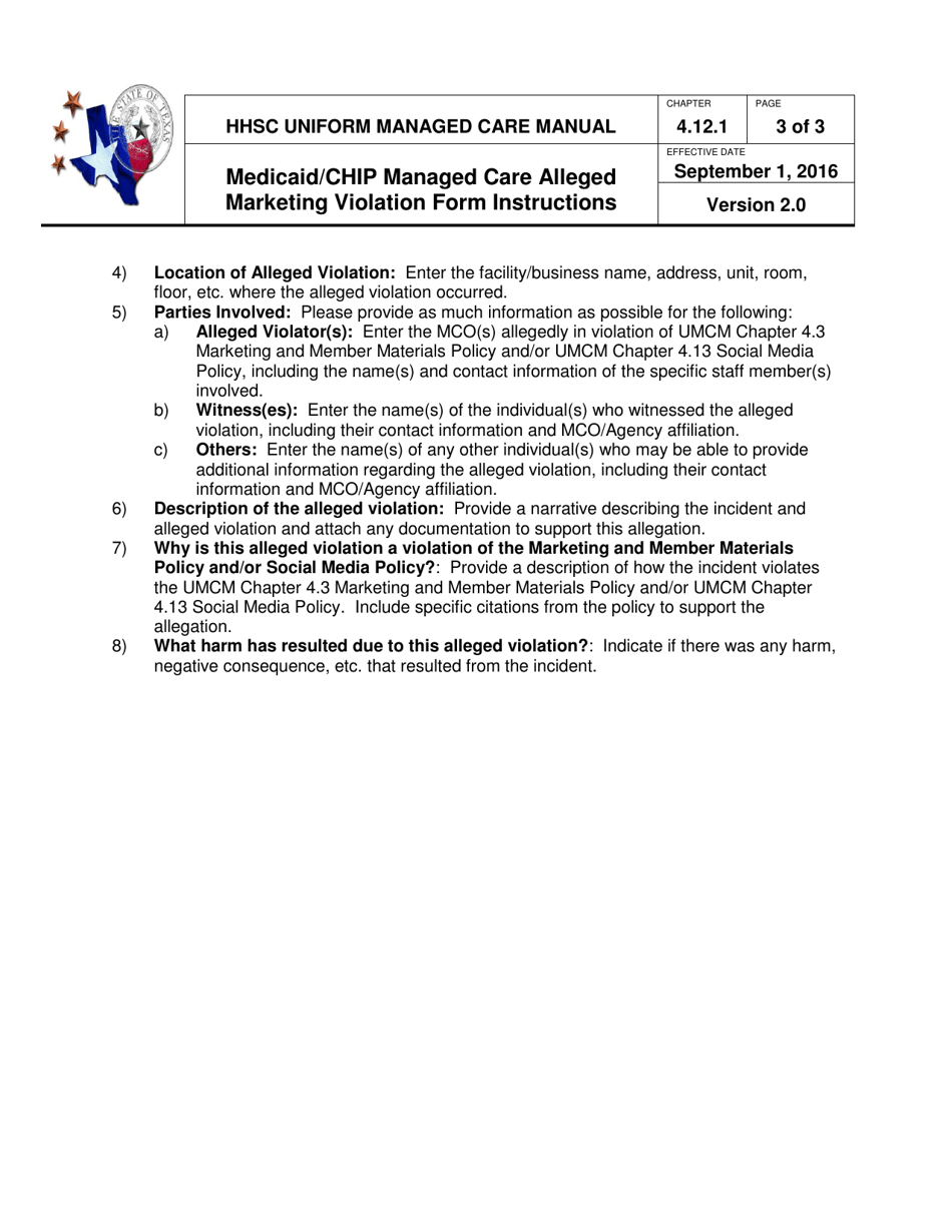 Instructions for Medicaid / Chip Managed Care Alleged Marketing Violation Form - Texas, Page 3