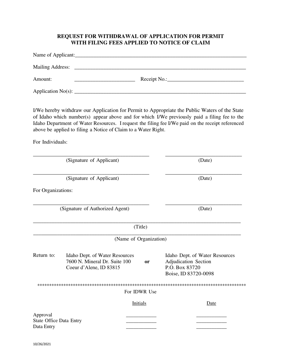Request for Withdrawal of Application for Permit With Filing Fees Applied to Notice of Claim - Idaho, Page 1