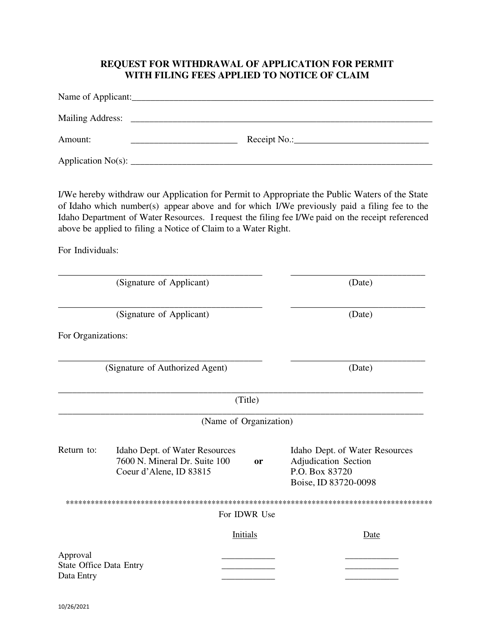 Request for Withdrawal of Application for Permit With Filing Fees Applied to Notice of Claim - Idaho Download Pdf