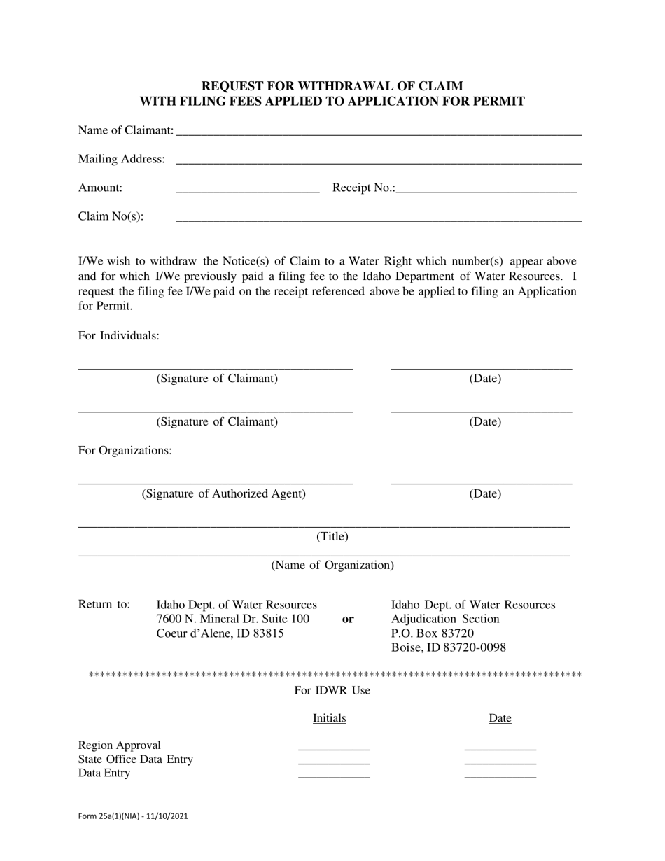 Form 25A(1)(NIA) Request for Withdrawal of Claim With Filing Fees Applied to Application for Permit - Idaho, Page 1