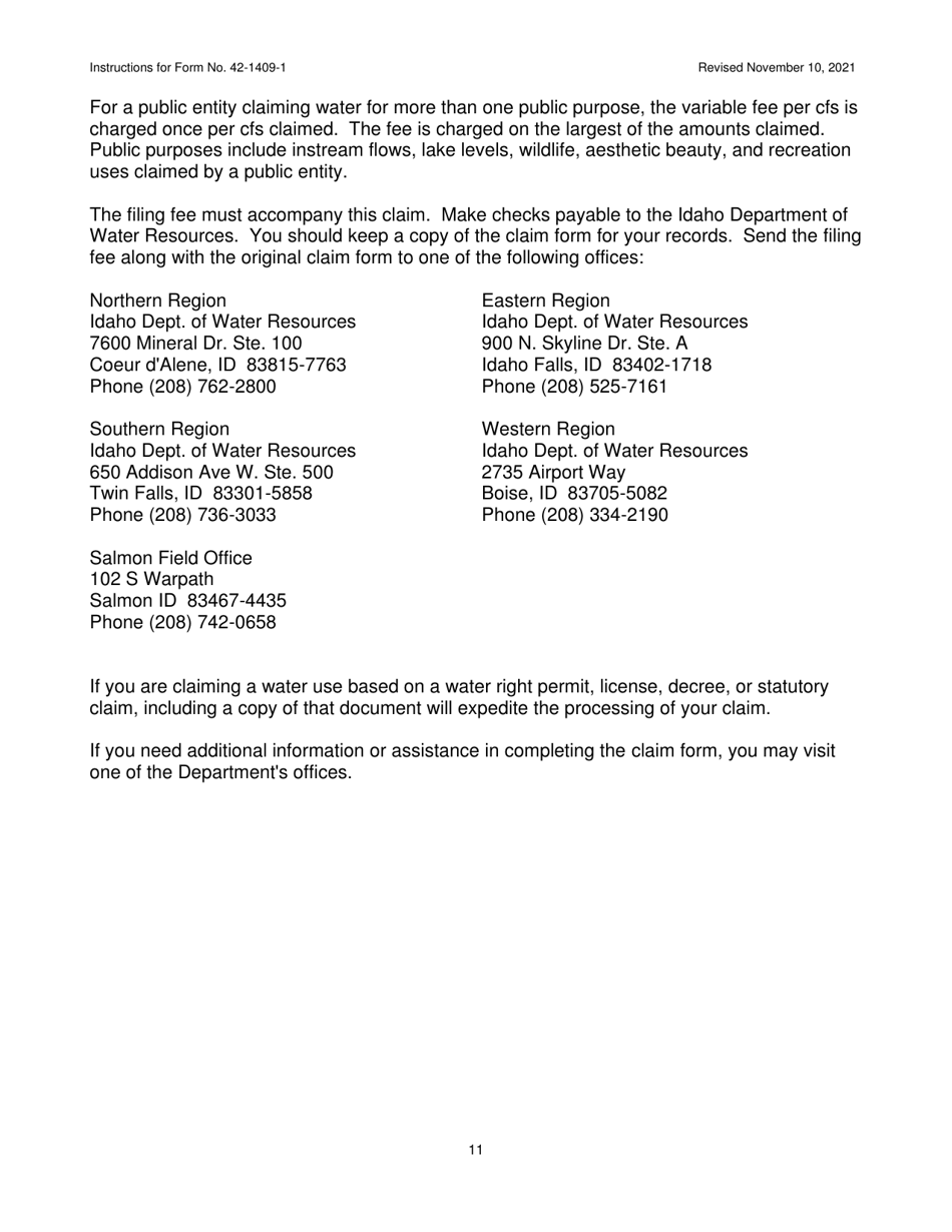 Instructions for Form 42-1409-1 Notice of Claim to a Water Right Acquired Under State Law - Idaho, Page 11