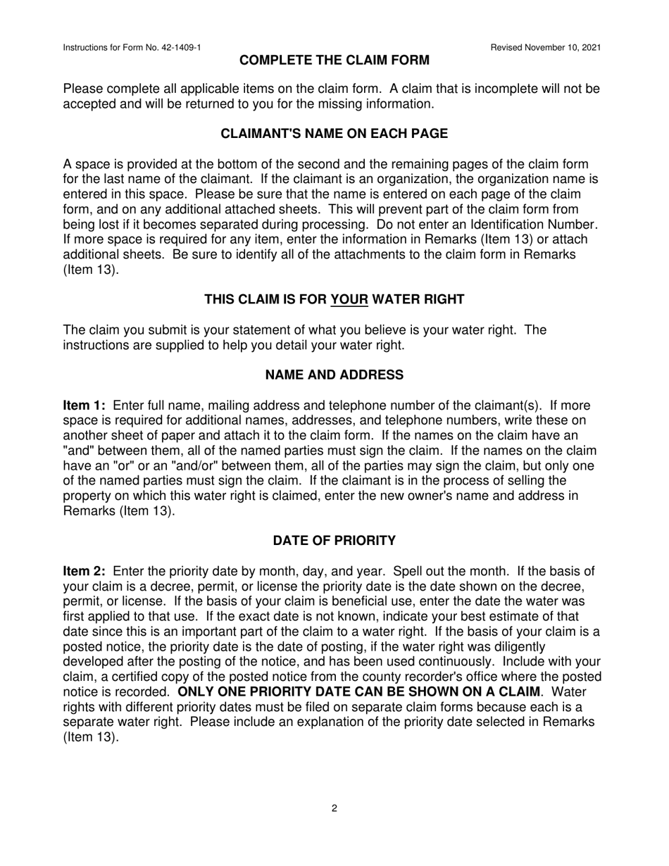 Instructions for Form 42-1409-1 Notice of Claim to a Water Right Acquired Under State Law - Idaho, Page 2