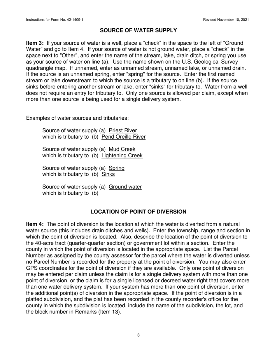 Instructions for Form 42-1409-1 Notice of Claim to a Water Right Acquired Under State Law - Idaho, Page 3