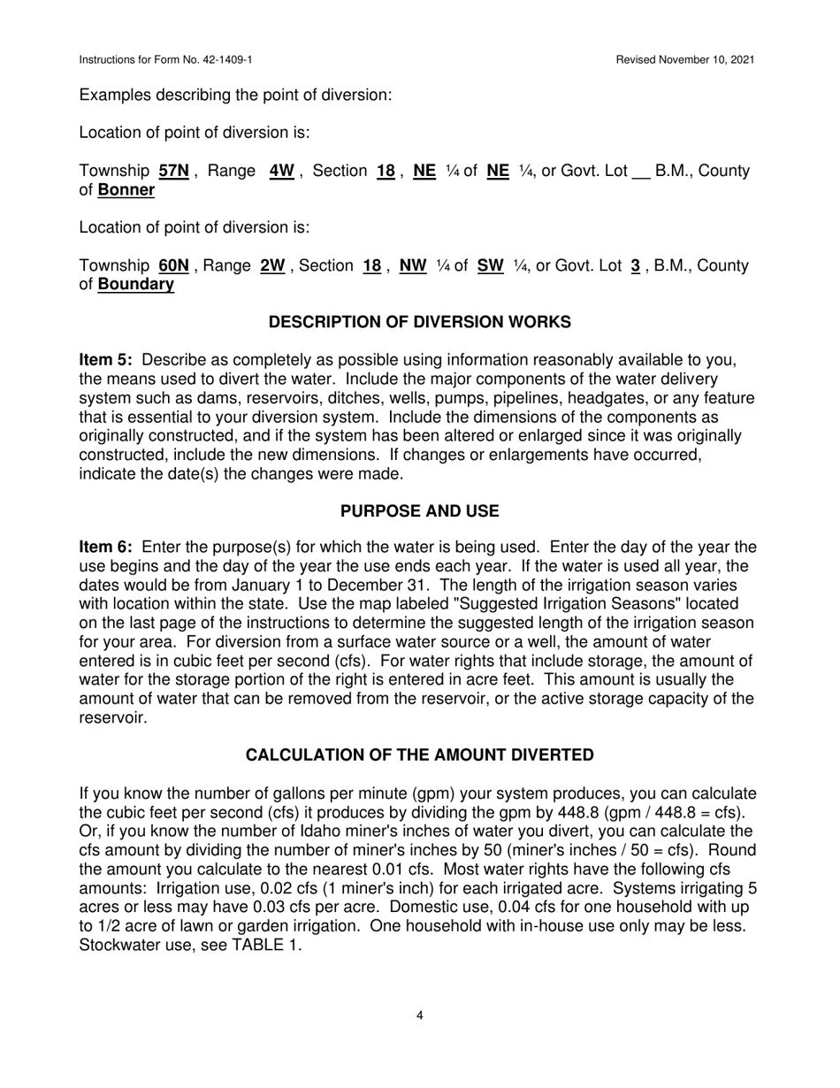 Instructions for Form 42-1409-1 Notice of Claim to a Water Right Acquired Under State Law - Idaho, Page 4