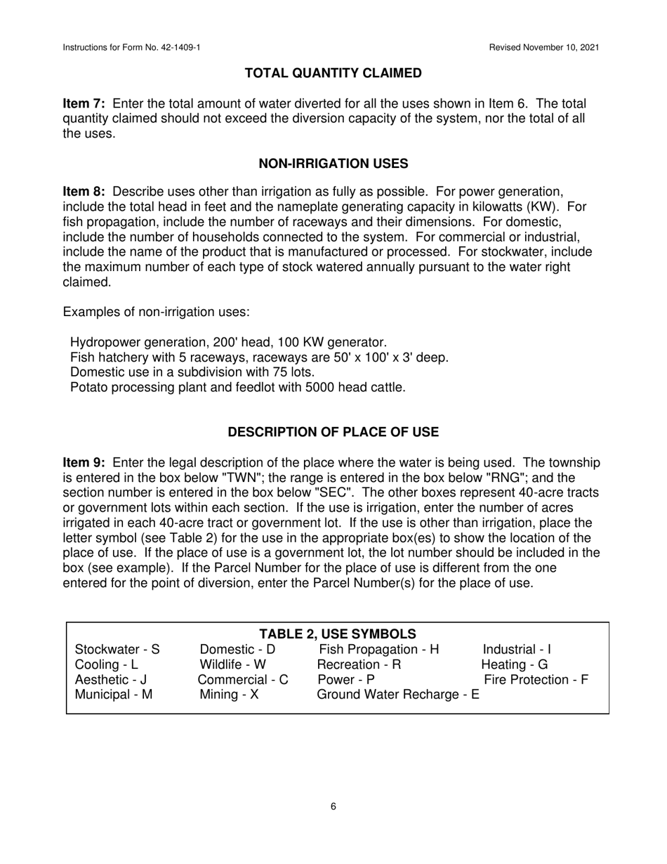 Instructions for Form 42-1409-1 Notice of Claim to a Water Right Acquired Under State Law - Idaho, Page 6