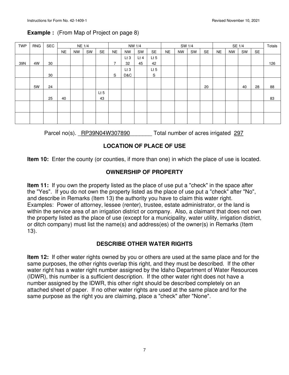 Instructions for Form 42-1409-1 Notice of Claim to a Water Right Acquired Under State Law - Idaho, Page 7
