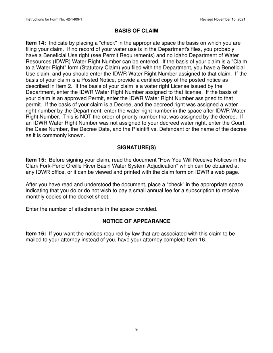 Instructions for Form 42-1409-1 Notice of Claim to a Water Right Acquired Under State Law - Idaho, Page 9