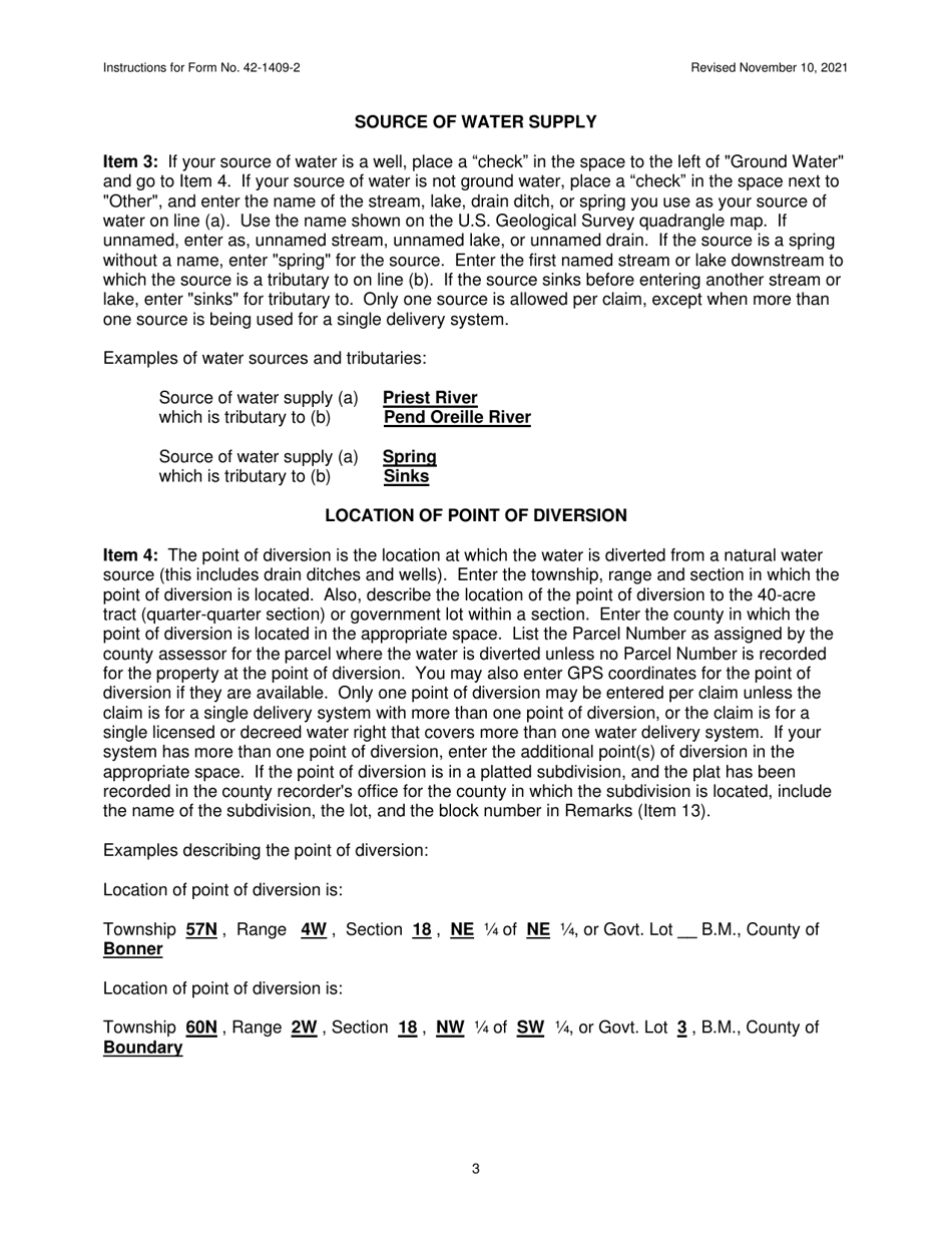 Instructions for Form 42-1409-2 Notice of Claim to a Water Right Acquired Under State Law for Domestic and / or Stockwater Purposes Where Daily Use Is Less Than 13,000 Gallons Per Day - Idaho, Page 3
