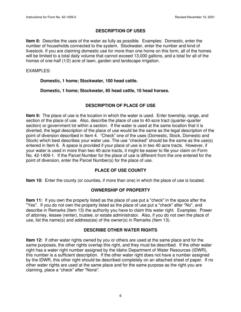 Instructions for Form 42-1409-2 Notice of Claim to a Water Right Acquired Under State Law for Domestic and / or Stockwater Purposes Where Daily Use Is Less Than 13,000 Gallons Per Day - Idaho, Page 6