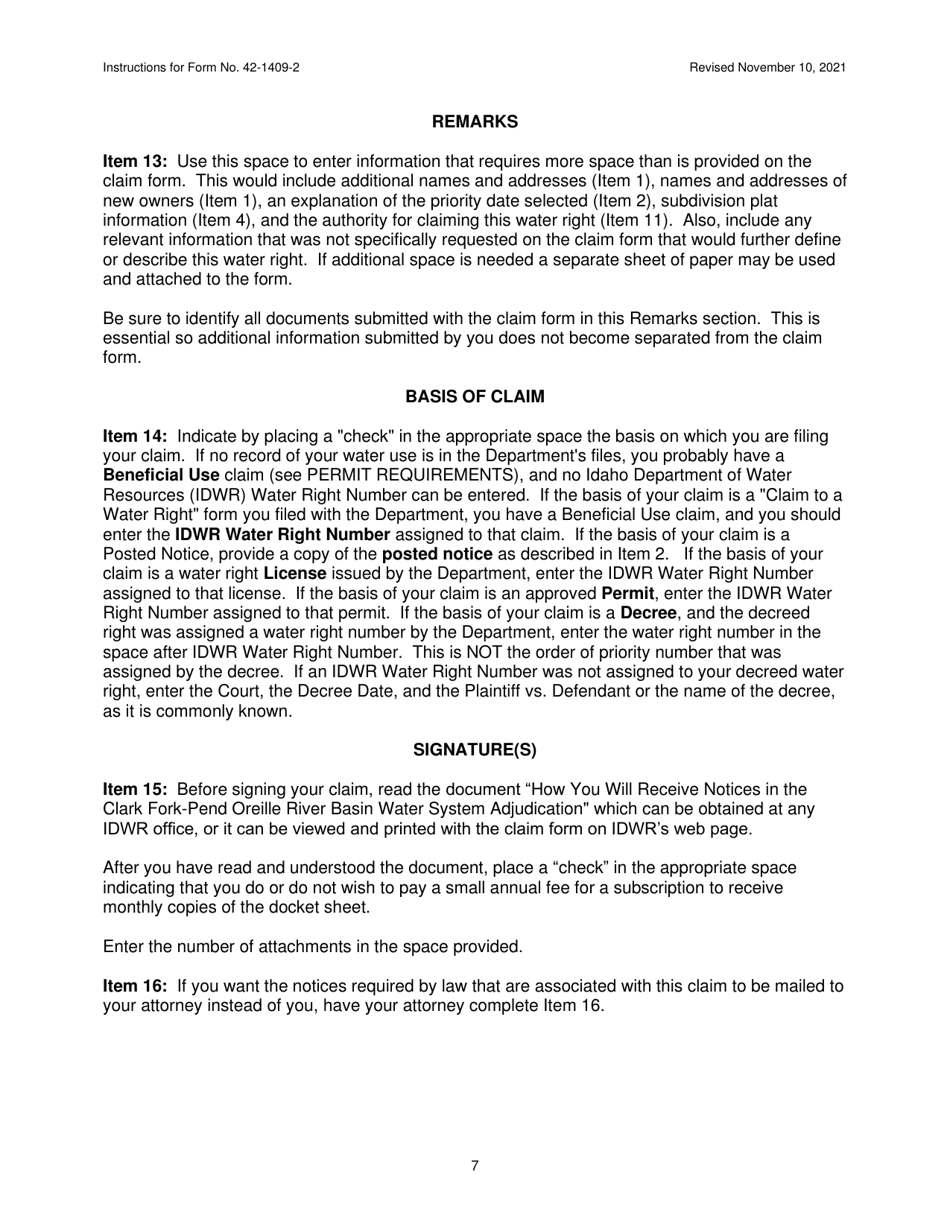 Instructions for Form 42-1409-2 Notice of Claim to a Water Right Acquired Under State Law for Domestic and / or Stockwater Purposes Where Daily Use Is Less Than 13,000 Gallons Per Day - Idaho, Page 7