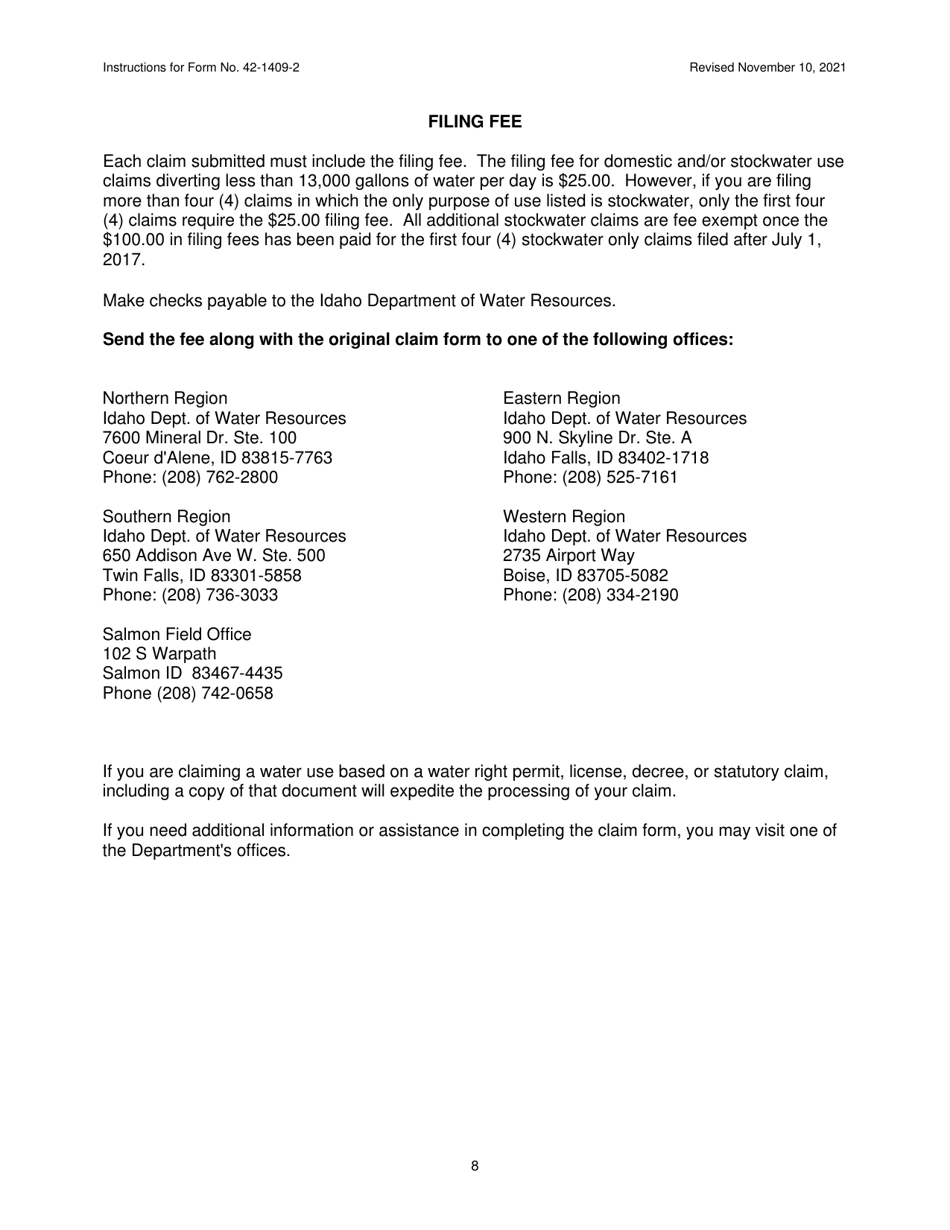 Instructions for Form 42-1409-2 Notice of Claim to a Water Right Acquired Under State Law for Domestic and / or Stockwater Purposes Where Daily Use Is Less Than 13,000 Gallons Per Day - Idaho, Page 8