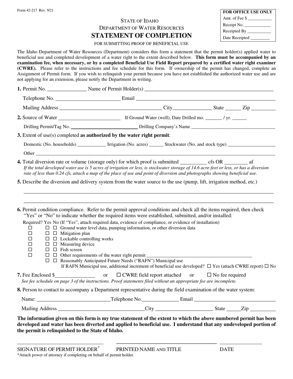 Form 42-217 Statement of Completion for Submitting Proof of Beneficial Use - Idaho, Page 1