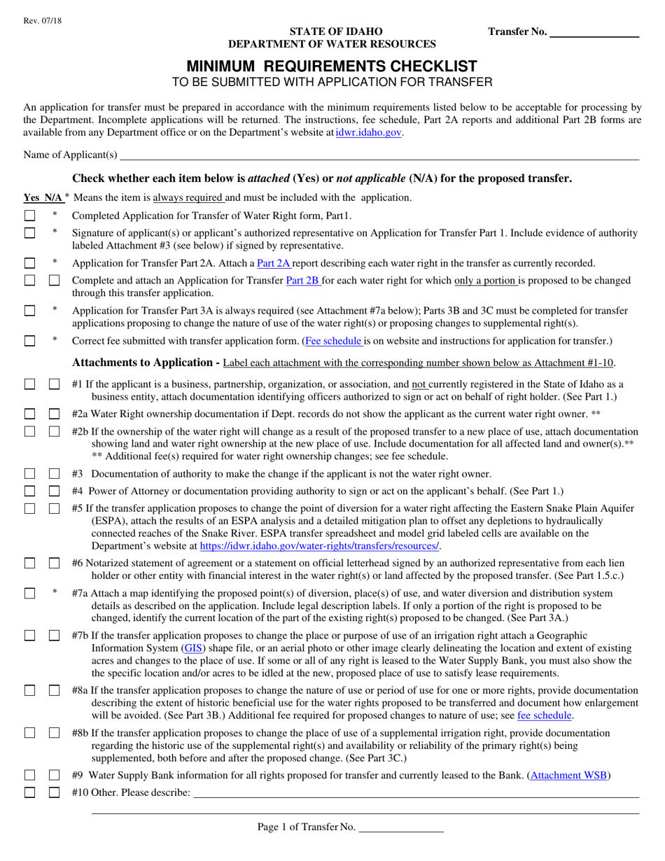 Application for Transfer of Water Right - Idaho, Page 1