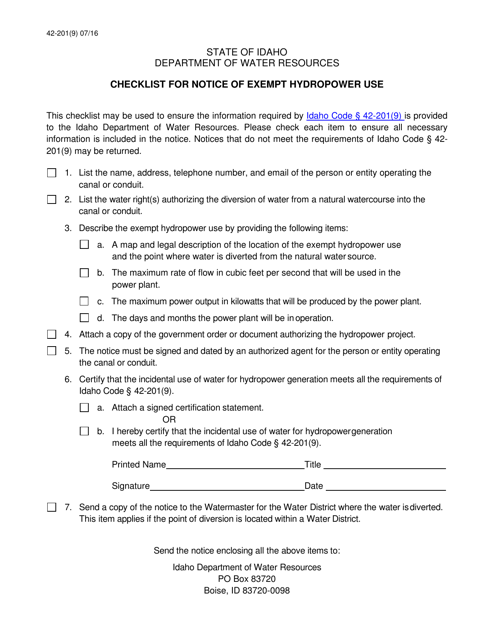 Checklist for Notice of Exempt Hydropower Use - Idaho Download Pdf