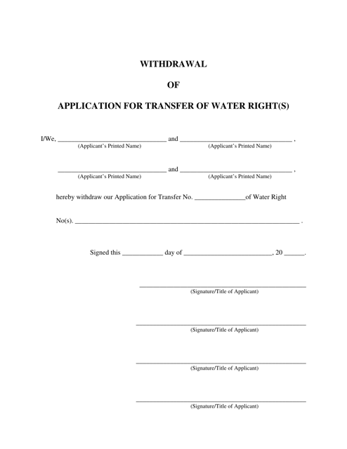 Withdrawal of Application for Transfer of Water Right(S) - Idaho Download Pdf