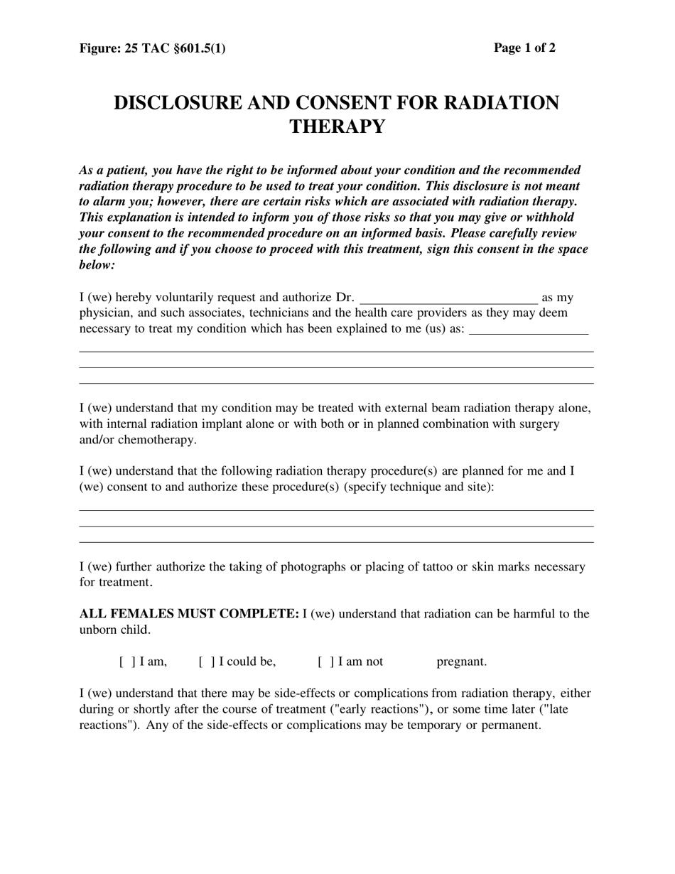 Disclosure and Consent for Radiation Therapy - Texas, Page 1