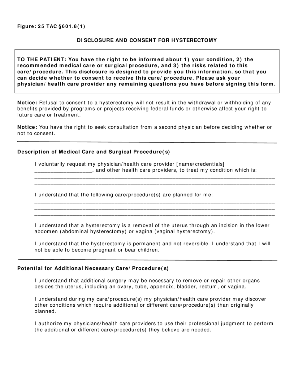 Disclosure and Consent for Hysterectomy - Texas, Page 1
