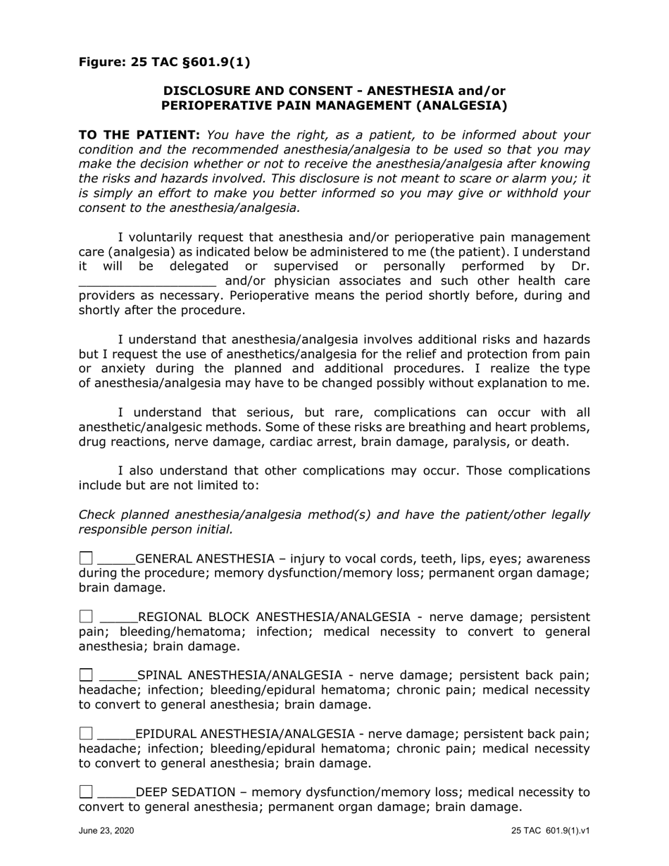 Disclosure and Consent - Anesthesia and / or Perioperative Pain Management (Analgesia) - Texas, Page 1