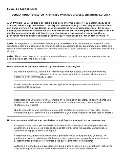 Consentimiento Medico Informado Para Someterse a Una Histerectomia - Texas (Spanish) Download Pdf