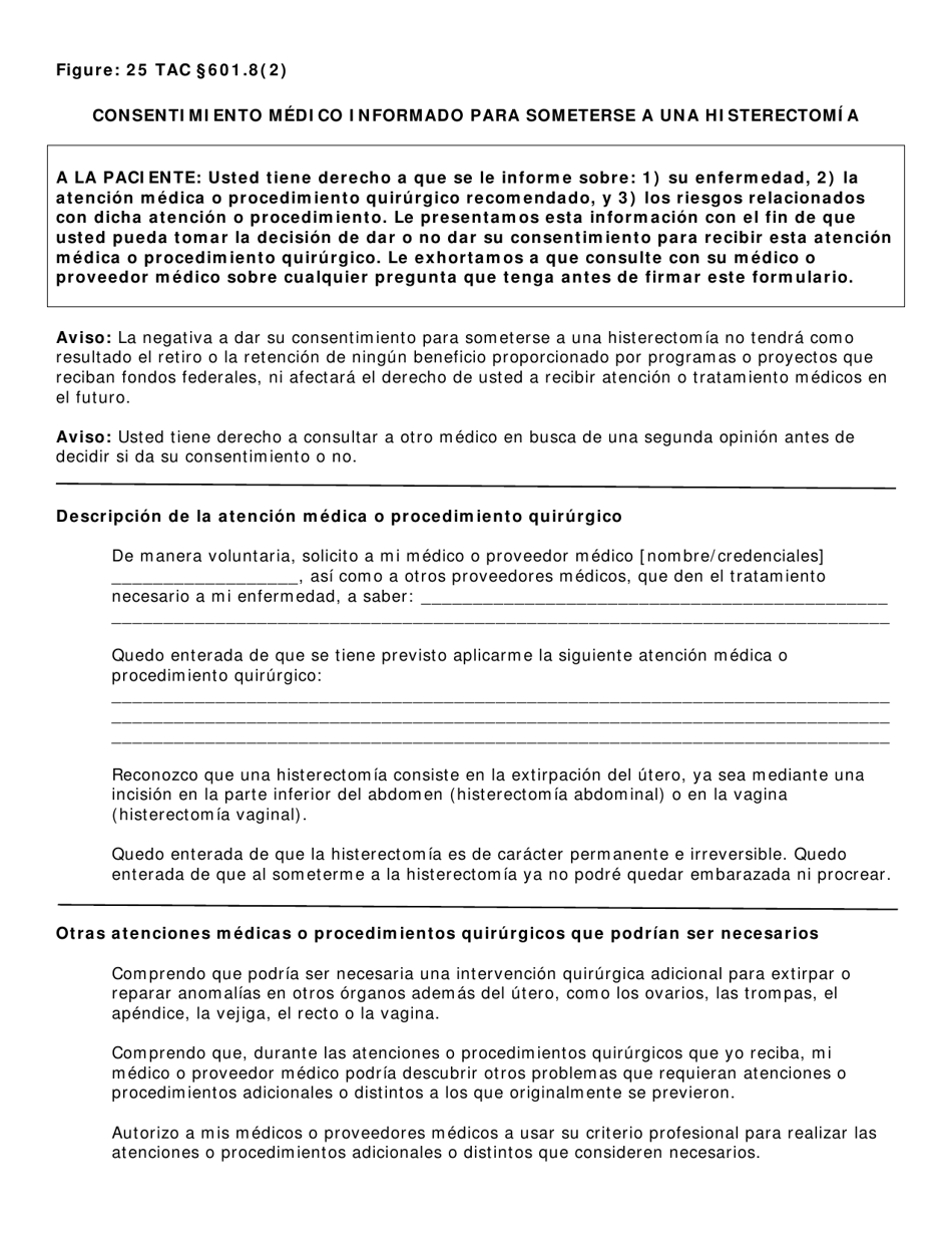 Consentimiento Medico Informado Para Someterse a Una Histerectomia - Texas (Spanish), Page 1