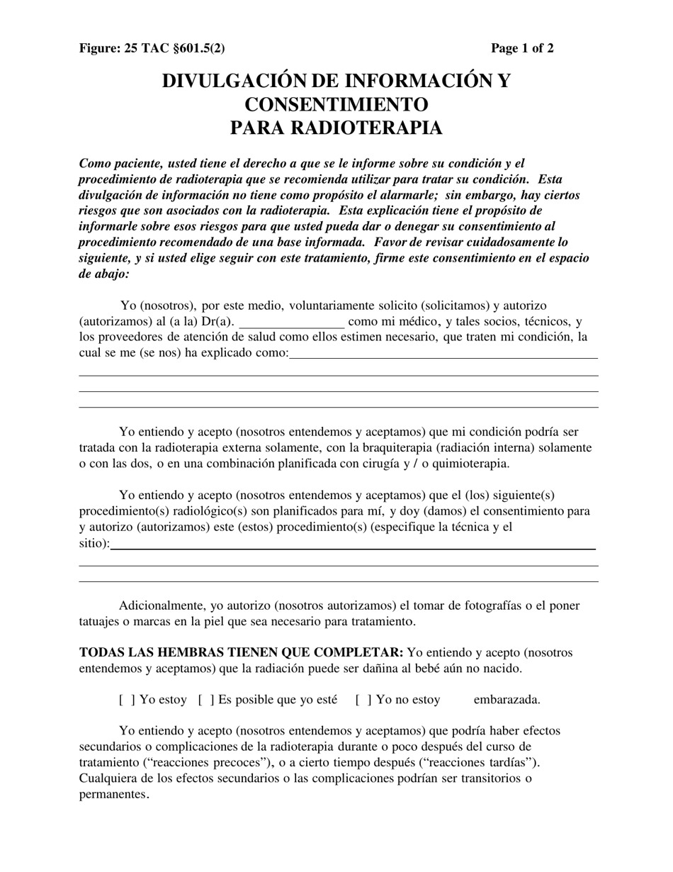 Divulgacion De Informacion Y Consentimiento Para Radioterapia - Texas (Spanish), Page 1