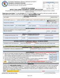 Form CL-01A &quot;Initial Challenge Paramedic License Application&quot; - California