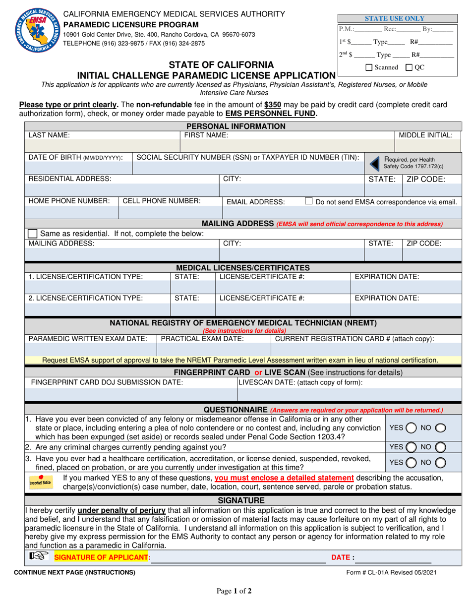 Form CL-01A Initial Challenge Paramedic License Application - California, Page 1
