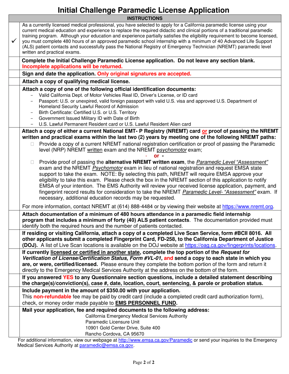 Form CL-01A Initial Challenge Paramedic License Application - California, Page 2