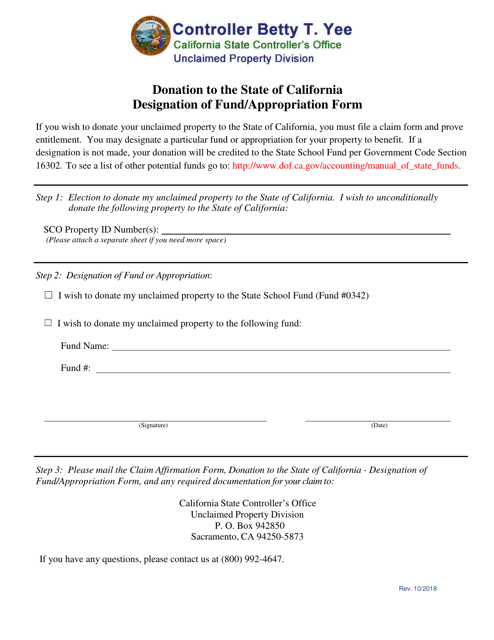 Donation to the State of California Designation of Fund / Appropriation Form - California Download Pdf