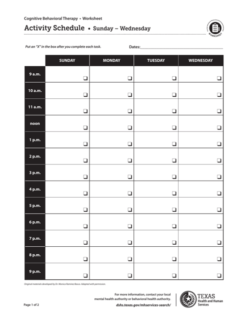Activity Schedule - Cognitive Behavioral Therapy - Texas Download Pdf