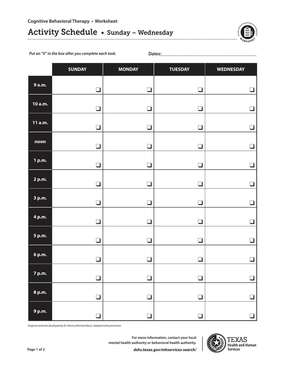 Activity Schedule - Cognitive Behavioral Therapy - Texas, Page 1