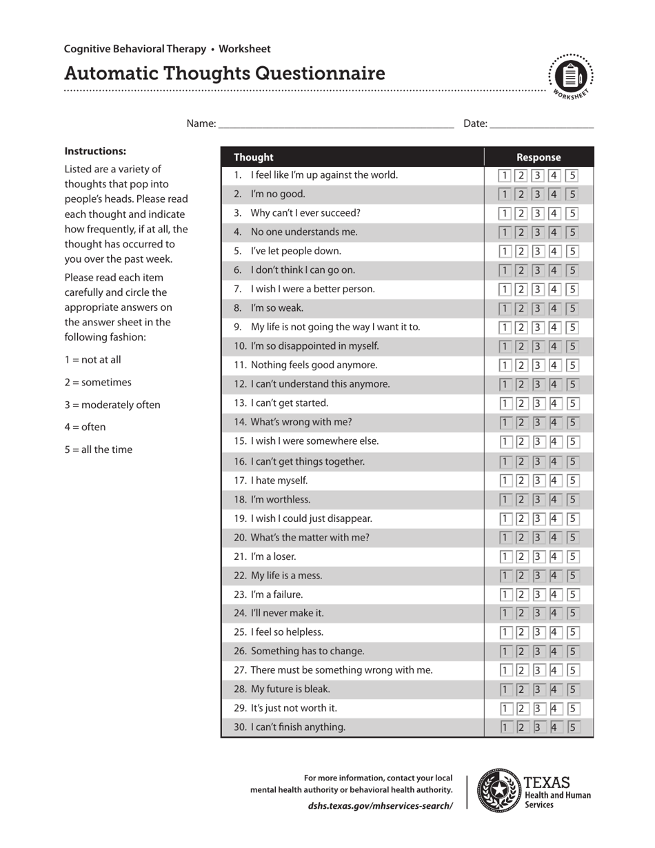 Texas Automatic Thoughts Questionnaire - Cognitive Behavioral Therapy ...