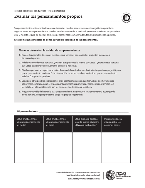 Evaluar Los Pensamientos Propios - Terapia Cognitivo-Conductua - Texas (Spanish) Download Pdf