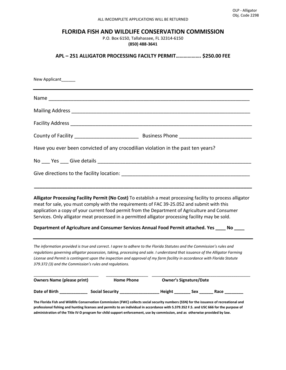 Form APL-251 Alligator Processors License and Permit Application - Florida, Page 1