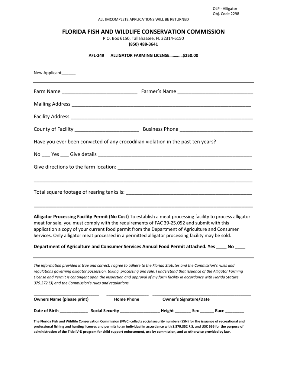 Form AFL-249 Alligator Farming License - Florida, Page 1