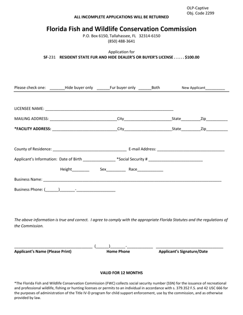 Form SF-231 Resident State Fur and Hide Dealers or Buyers License Application - Florida