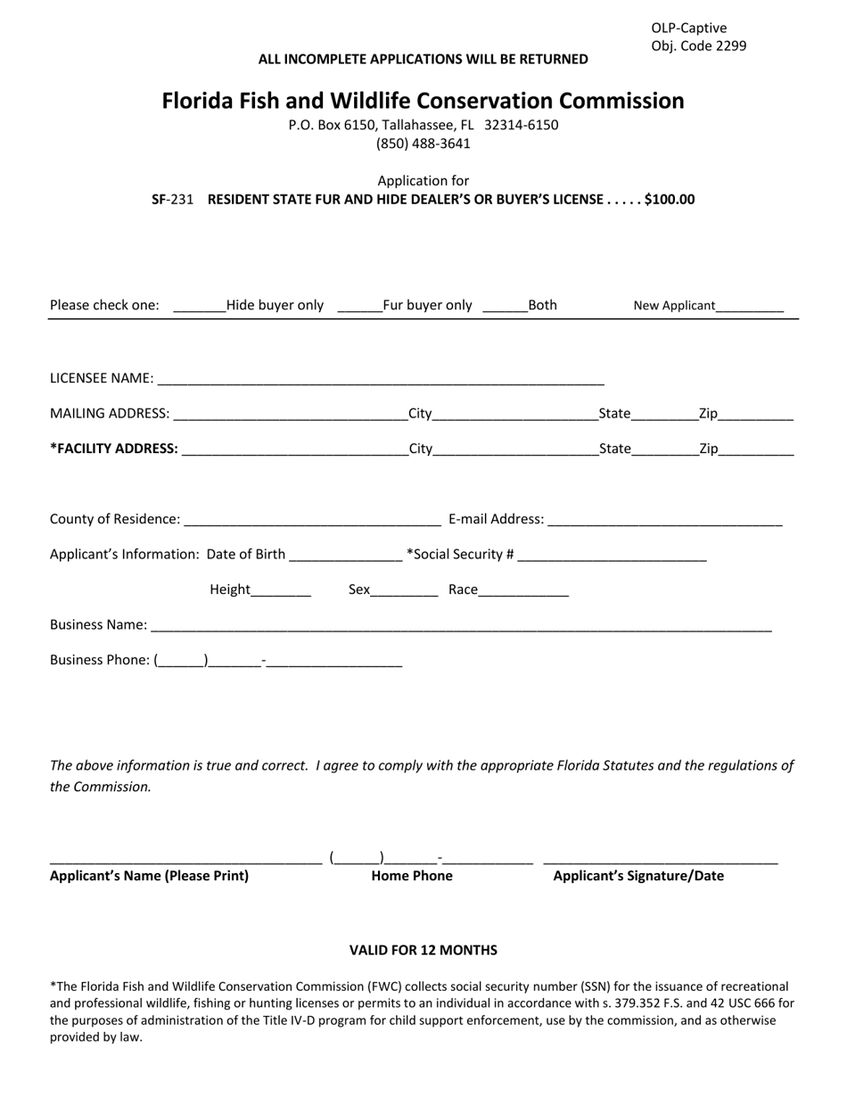 Form SF-231 Resident State Fur and Hide Dealers or Buyers License Application - Florida, Page 1