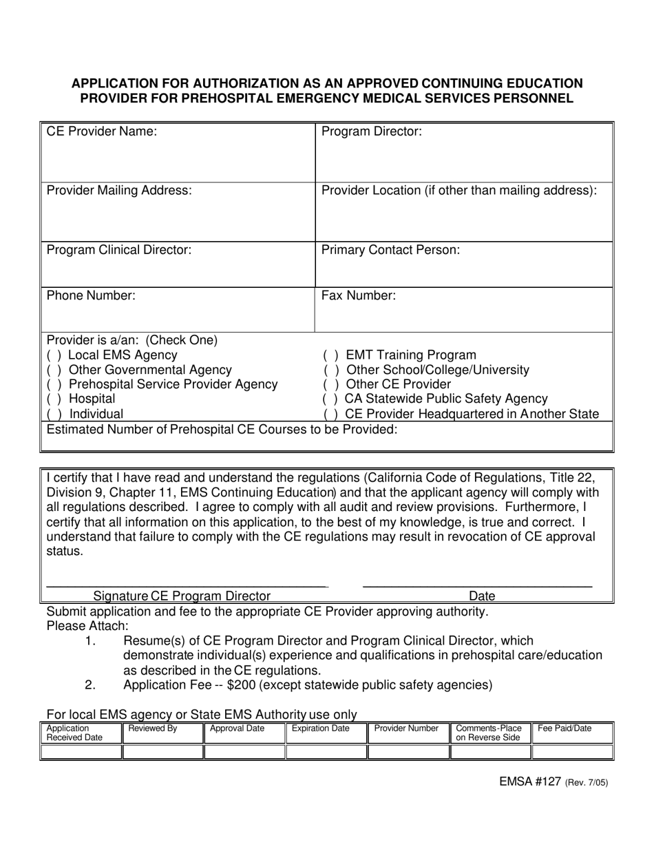 Form EMSA127 Application for Authorization as an Approved Continuing Education Provider for Prehospital Emergency Medical Services Personnel - California, Page 1