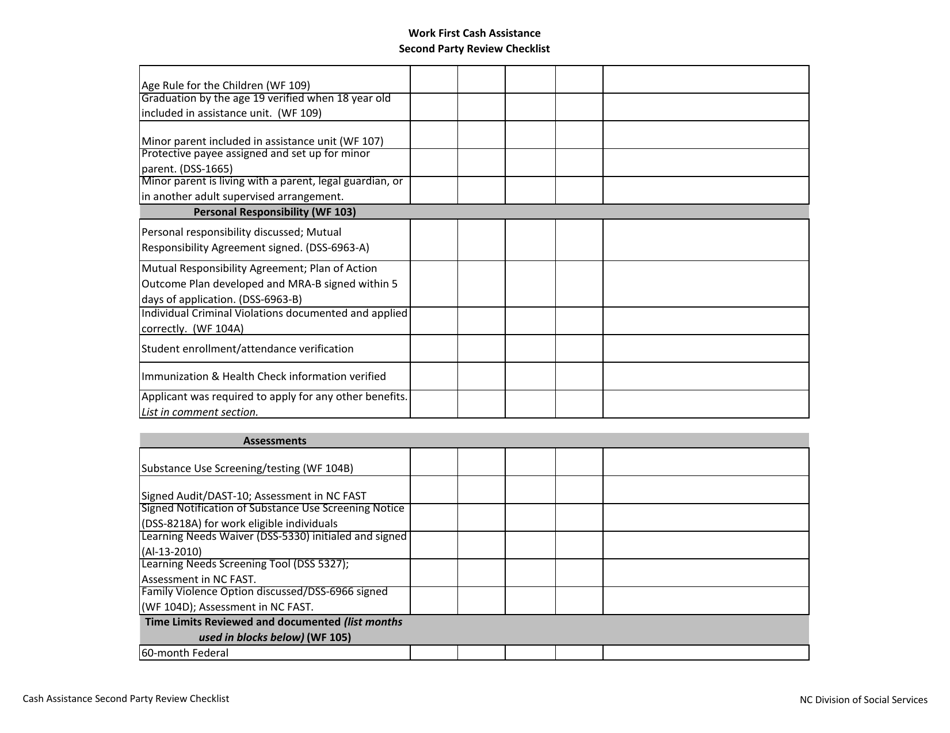 North Carolina Work First Cash Assistance Second Party Review Checklist ...