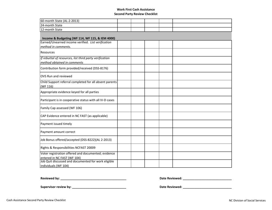 North Carolina Work First Cash Assistance Second Party Review Checklist ...