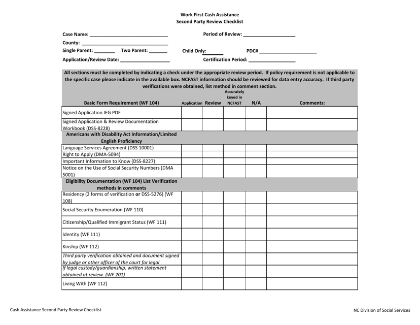 Work First Cash Assistance Second Party Review Checklist - North Carolina Download Pdf