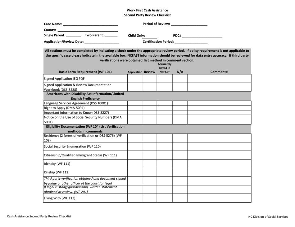 North Carolina Work First Cash Assistance Second Party Review Checklist ...