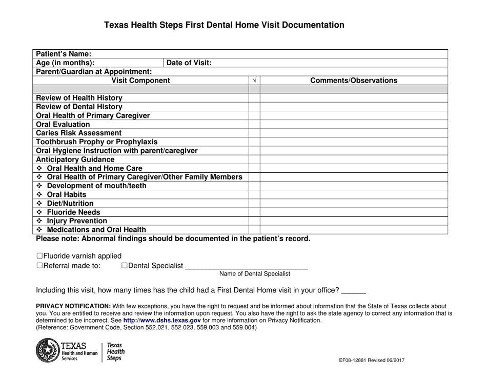 Form EF08-12881 Texas Health Steps First Dental Home Visit Documentation - Texas, Page 1