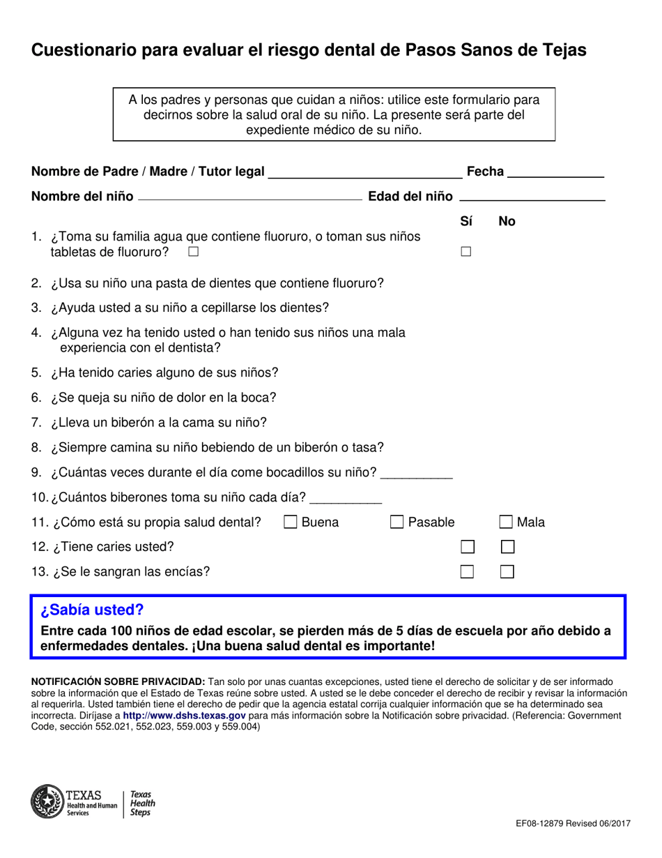 Form EF08-12879 Texas Health Steps Dental Risk Assessment Questionnaire - Texas (English / Spanish), Page 2