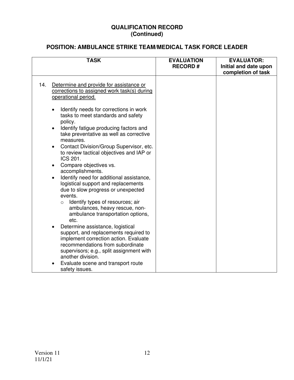 Position Task Book (Ptb) for Ambulance Strike Team / Medical Task Force Leader - California, Page 12