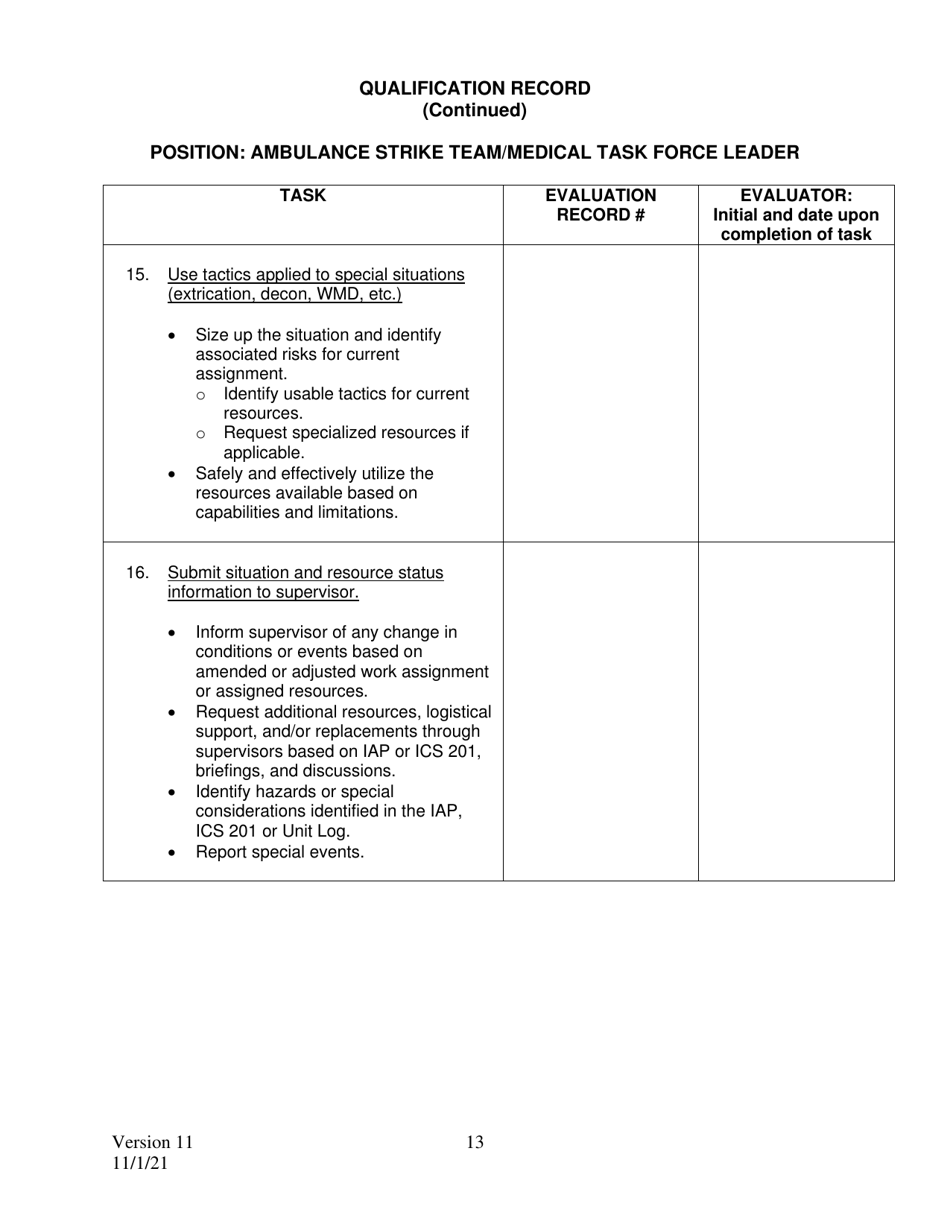 Position Task Book (Ptb) for Ambulance Strike Team / Medical Task Force Leader - California, Page 13